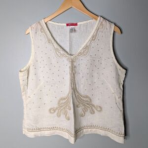 AK ANNE KLEIN 100% Cream Linen Gold Embroidered Fitted V Neck Tank Top Size 14